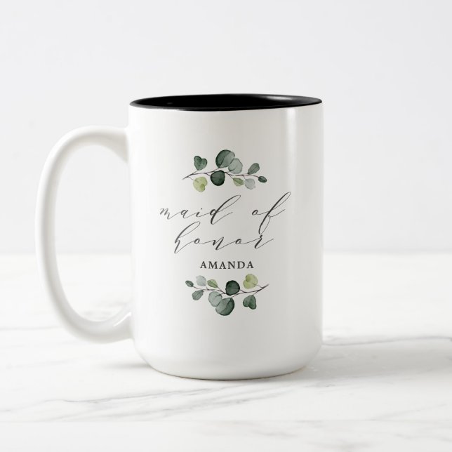 Elegant Eucalyptus Greenery Maid of Honour Two-Tone Coffee Mug (Left)