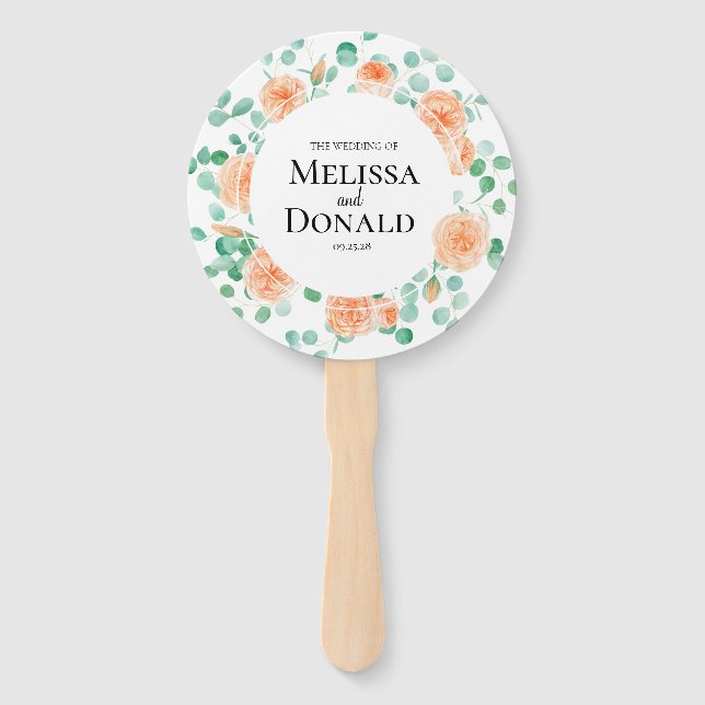 Elegant Eucalyptus Greenery Peach Floral Program Hand Fan (Front)