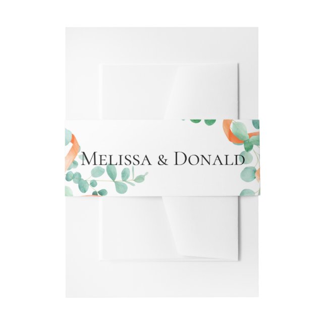 Elegant Eucalyptus Greenery Peach Floral Wedding Invitation Belly Band (Front Example)