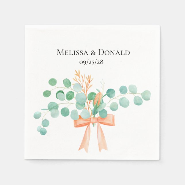 Elegant Eucalyptus Greenery Peach Floral Wedding Napkin (Front)