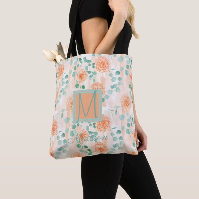 Elegant Eucalyptus Greenery Peach Trendy Monogram Tote Bag (Close Up)