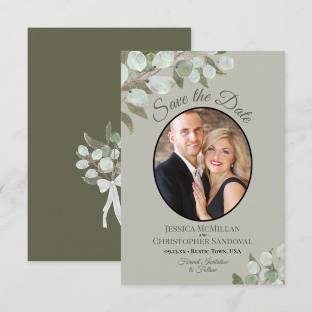 Elegant Eucalyptus Greenery & Photo Sage Wedding Save The Date (Front/Back)