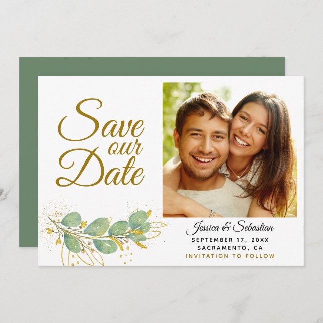 Elegant Eucalyptus Greenery Photo Wedding Save The Date (Front/Back)
