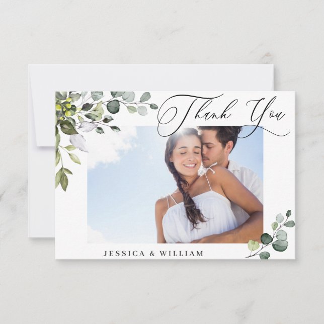 Elegant Eucalyptus Greenery PHOTO Wedding  Thank You Card (Front)