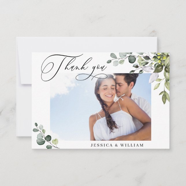 Elegant Eucalyptus Greenery PHOTO Wedding Thank You Card (Front)