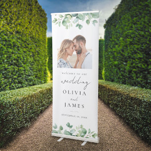 Elegant Eucalyptus Greenery Photo Wedding Welcome Retractable Banner