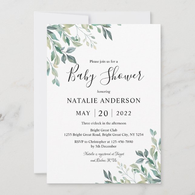 Elegant Eucalyptus Greenery Rustic Baby Shower Invitation (Front)