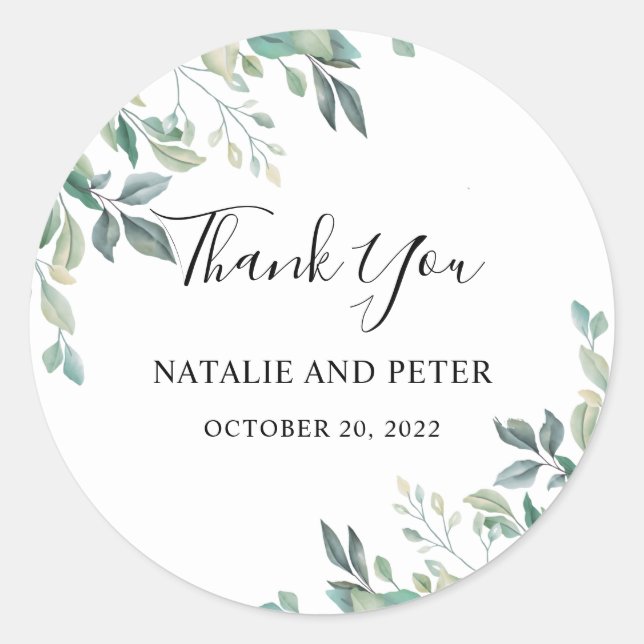 Elegant Eucalyptus Greenery Rustic Thank You Classic Round Sticker (Front)
