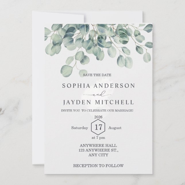 Elegant Eucalyptus Greenery Save the Date Wedding Invitation (Front)