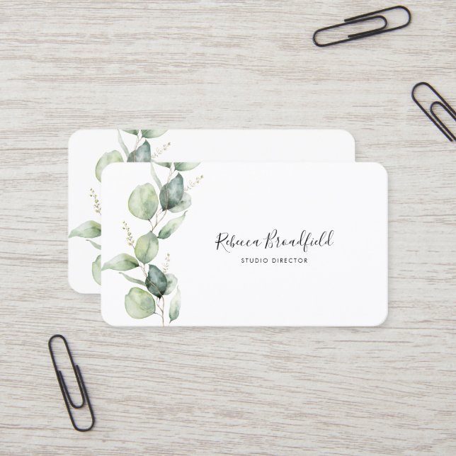 Elegant Eucalyptus Greenery Script Beauty Salon Business Card (Front/Back In Situ)
