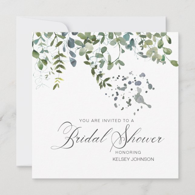Elegant Eucalyptus Greenery Script Bridal Shower Invitation (Front)