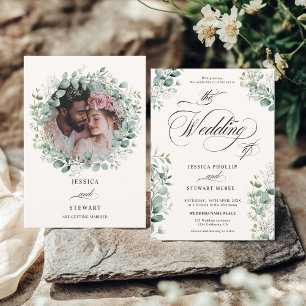 Elegant Eucalyptus Greenery Script photo Wedding Invitation