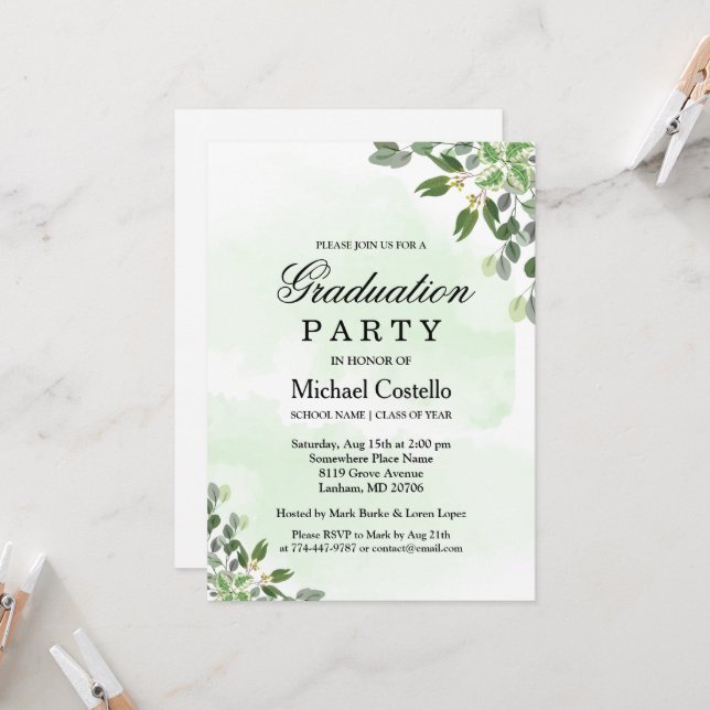  Elegant Eucalyptus Greenery Succulent Graduation  Invitation (Front/Back In Situ)