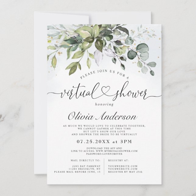 Elegant Eucalyptus Greenery virtual Bridal Shower Invitation (Front)