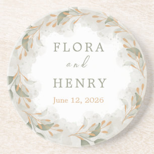 Elegant Eucalyptus Greenery Watercolor Wedding Pap Coaster