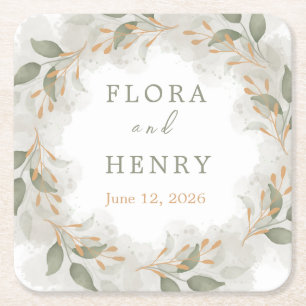 Elegant Eucalyptus Greenery Watercolor Wedding Pap Square Paper Coaster