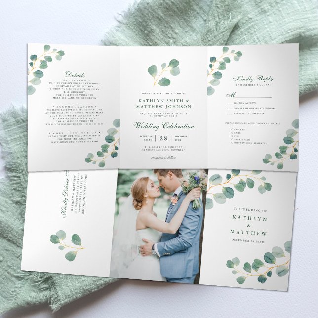 Elegant Eucalyptus Greenery Watercolor Wedding Tri-Fold Invitation (Creator Uploaded)