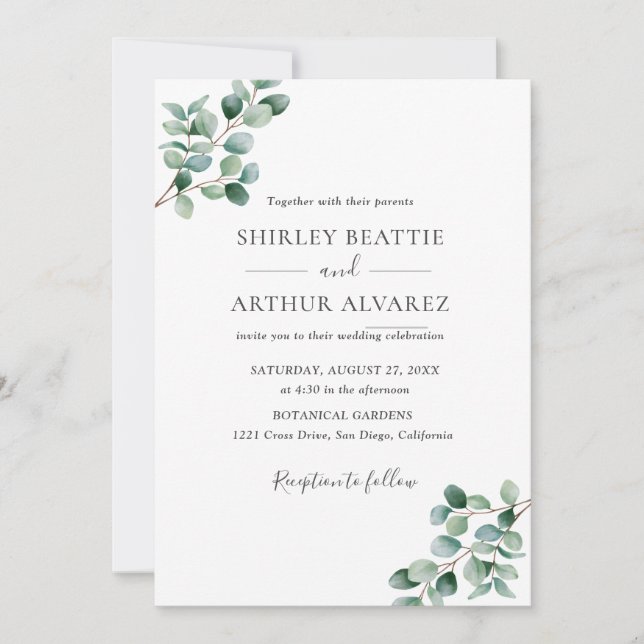 Elegant Eucalyptus Greenery Wedding Invitation (Front)