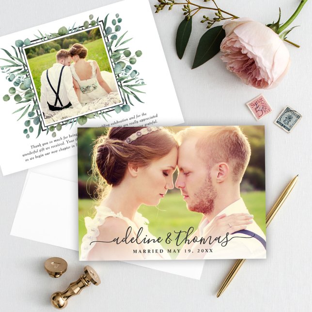 Elegant Eucalyptus Greenery Wedding Photo Thank You Card (Creator Uploaded)