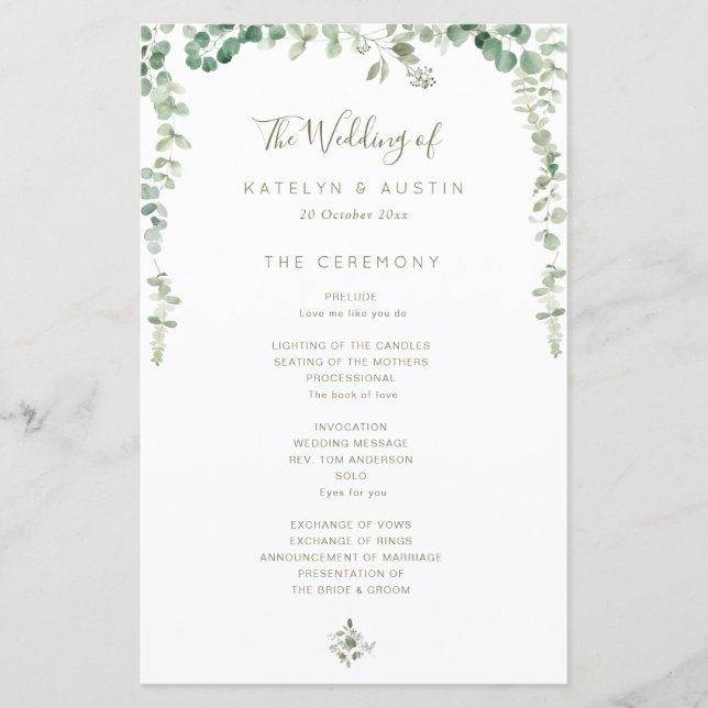 Elegant eucalyptus greenery wedding program (Front)
