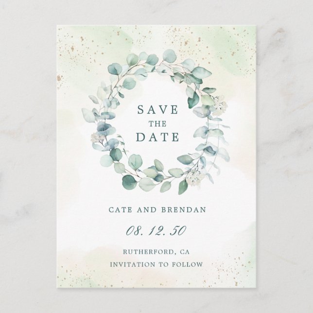 Elegant Eucalyptus Greenery Wedding Save The Date Announcement Postcard (Front)