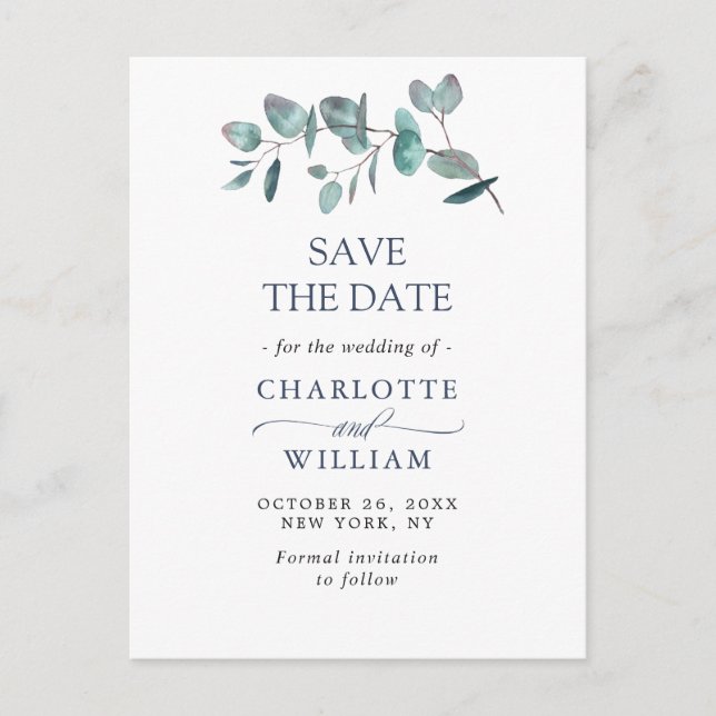 Elegant Eucalyptus Greenery Wedding Save the Date Postcard (Front)
