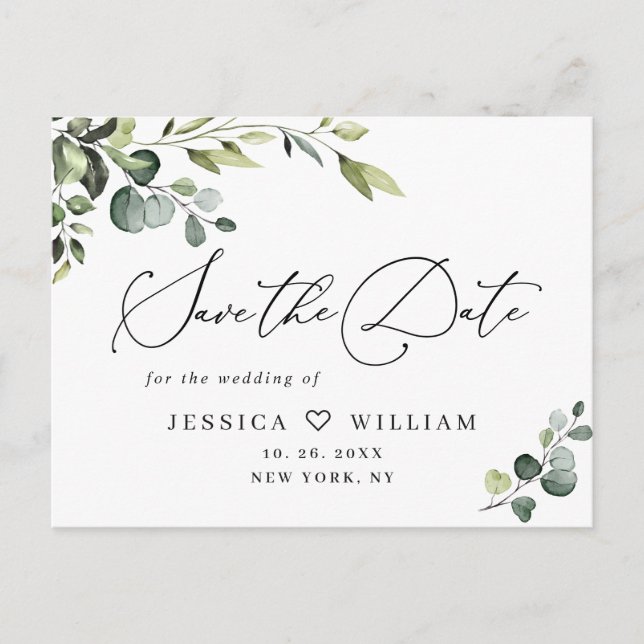 Elegant Eucalyptus Greenery Wedding Save the Date Postcard (Front)