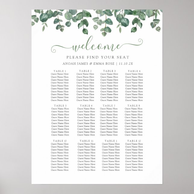 Elegant Eucalyptus Greenery Wedding Seating Chart (Front)