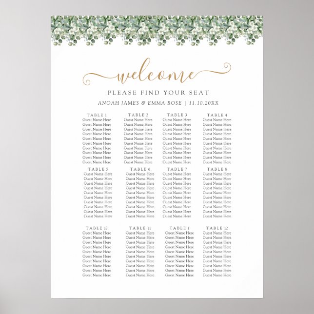 Elegant Eucalyptus Greenery Wedding Seating Chart (Front)
