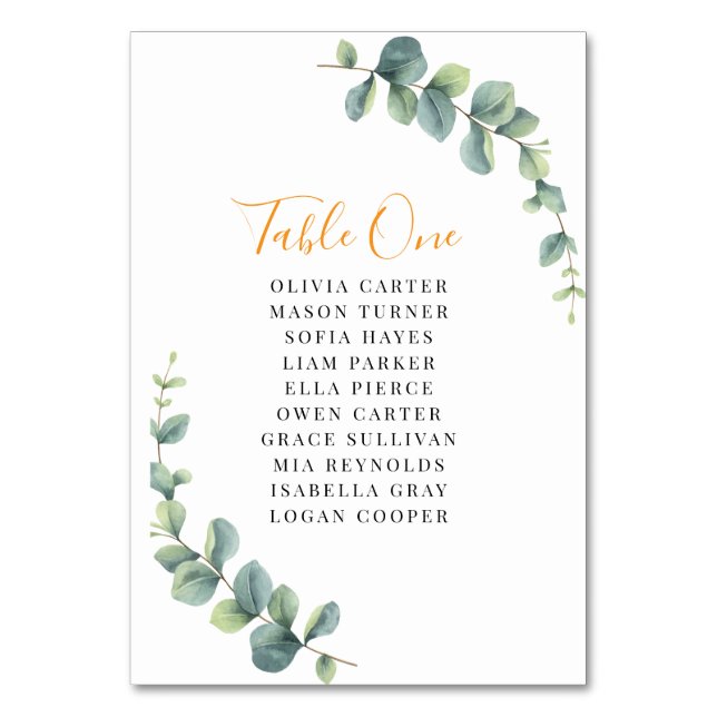 Elegant Eucalyptus Greenery Wedding Table Number (Front)