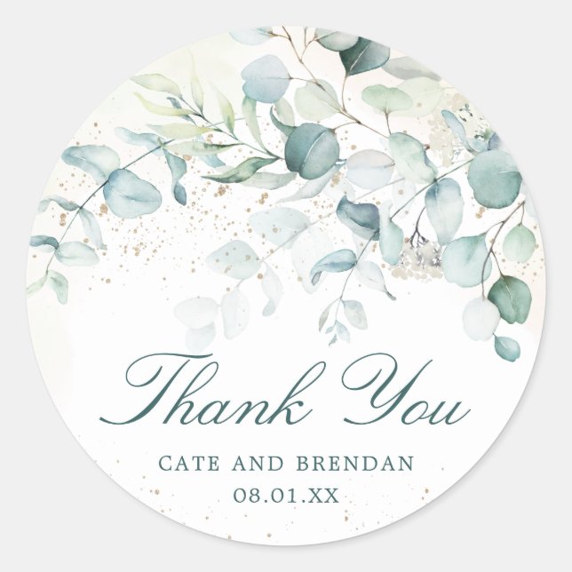 Elegant Eucalyptus Greenery Wedding Thank You Classic Round Sticker (Front)
