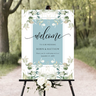 Elegant Eucalyptus Greenery Welcome Mist Blue Sign