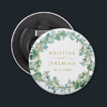 Elegant Eucalyptus Greenery Wreath Gold Wedding Bottle Opener<br><div class="desc">These elegant custom greenery wreath wedding bottle openers will add a touch of style to your favour gifts. The botanical design features hand painted watercolor eucalyptus greenery with faux gold flower buds. Your names and wedding date are in a classic faux gold Garamond font for you to personalise. Best of...</div>