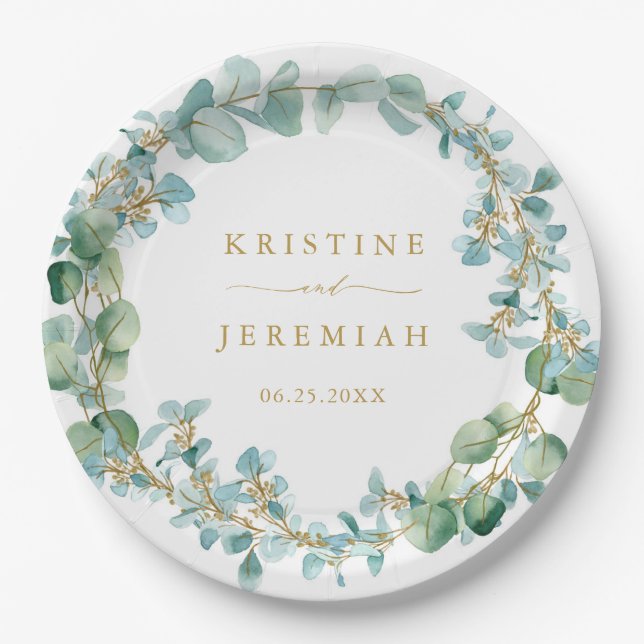 Elegant Eucalyptus Greenery Wreath Gold Wedding Paper Plate (Front)
