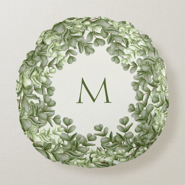 Elegant Eucalyptus Greenery Wreath Green Ivory Round Cushion (Front)
