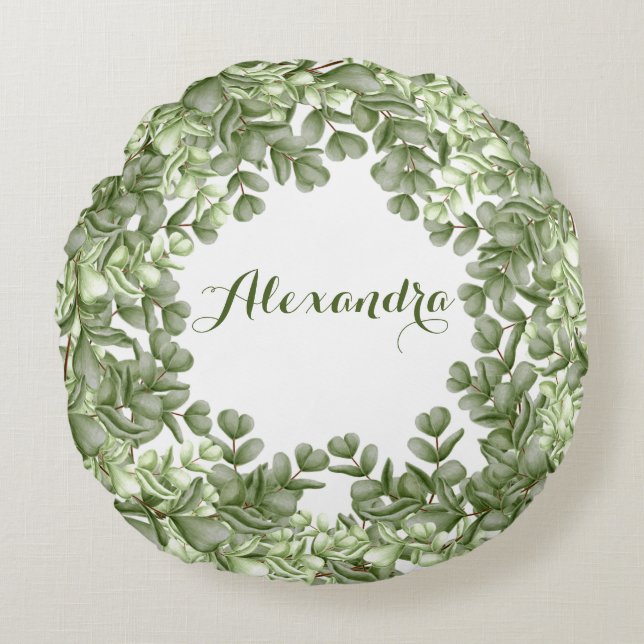 Elegant Eucalyptus Greenery Wreath Green White Round Cushion (Front)