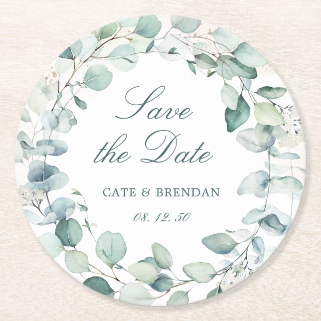 Elegant Eucalyptus Greenery Wreath Save The Date Round Paper Coaster (Front)