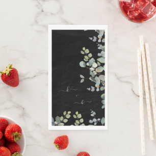Elegant Eucalyptus Initials Black Napkin