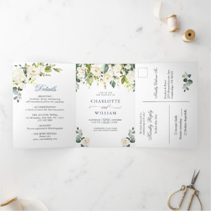 Elegant Eucalyptus Ivory White Roses Wedding Tri-Fold Invitation