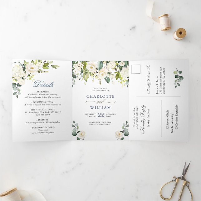 Elegant Eucalyptus Ivory White Roses Wedding Tri-Fold Invitation (Inside)