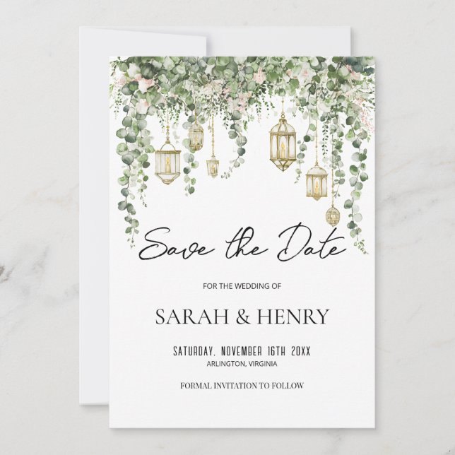 Elegant Eucalyptus Lantern Save the Date   Invitation (Front)
