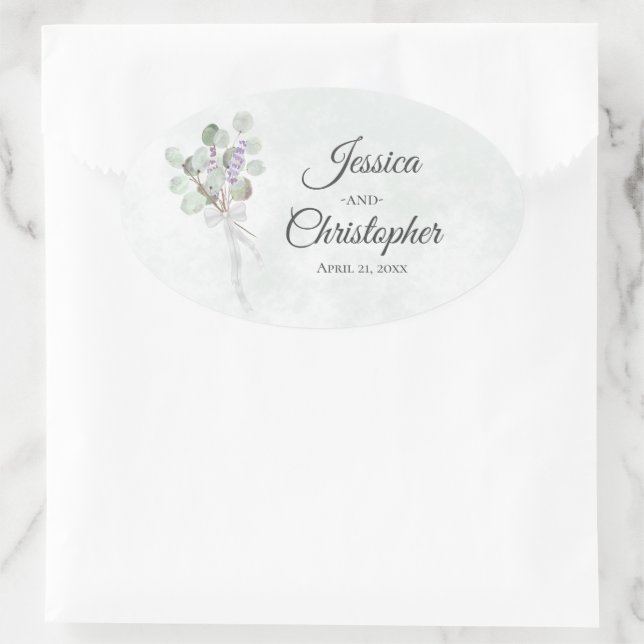 Elegant Eucalyptus & Lavender Bouquet Wedding Oval Sticker (Bag)