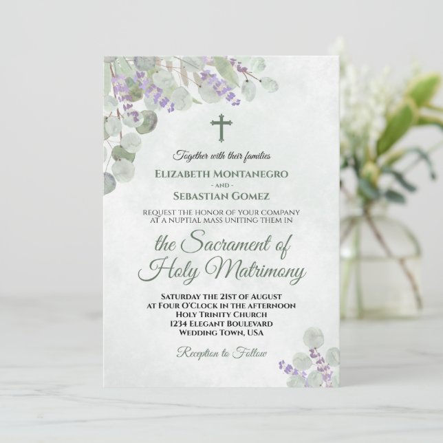Elegant Eucalyptus & Lavender Catholic Wedding Invitation (Standing Front)