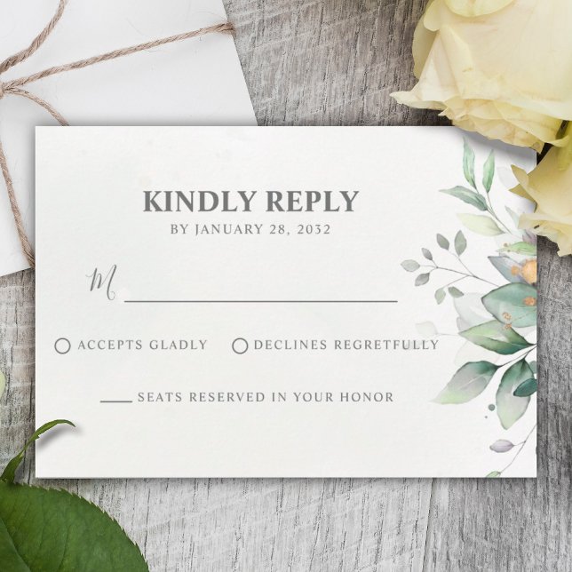 Elegant eucalyptus leaf chic greenery gold wedding RSVP card (Creator Uploaded)