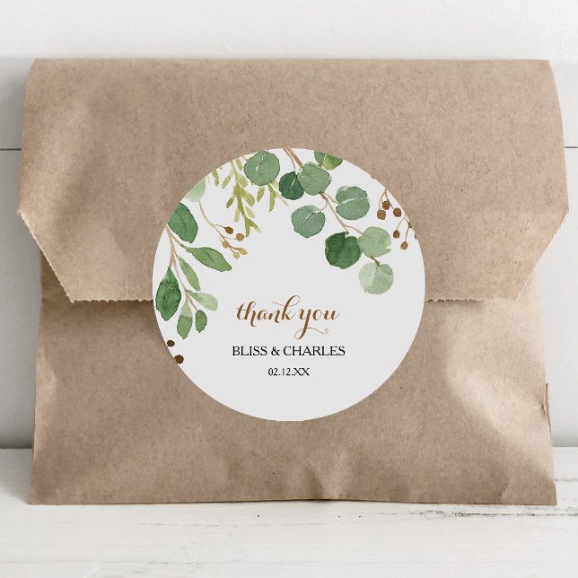 Elegant Eucalyptus Leaf Greenery Thank You Favour Classic Round Sticker (Creator Uploaded)