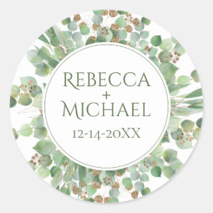 Elegant Eucalyptus Leaf Greenery Wedding Classic Round Sticker