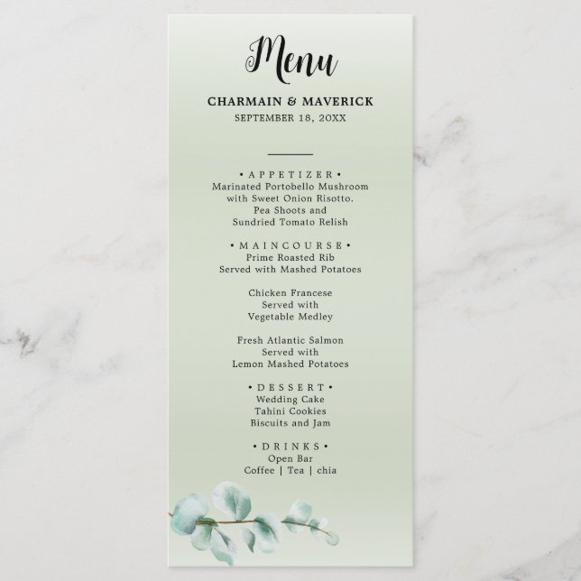 Elegant Eucalyptus leaf Greenery Wedding Menu (Front)