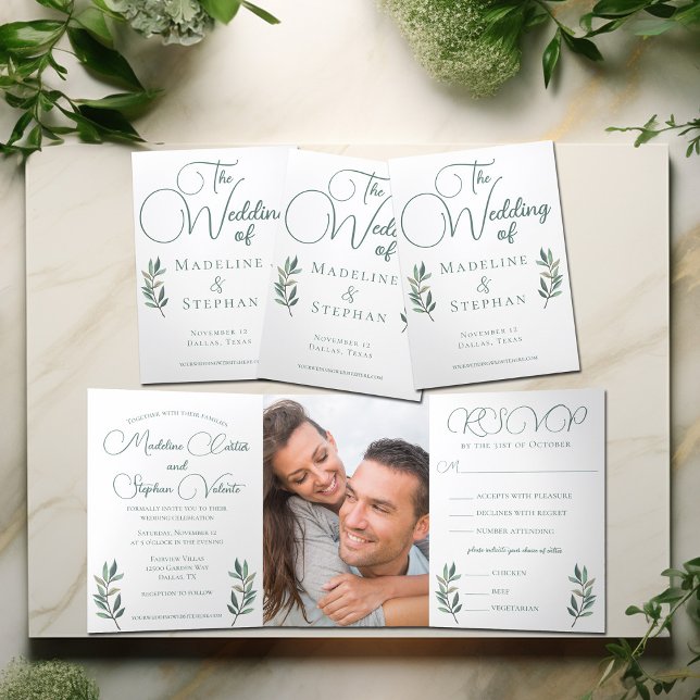Elegant Eucalyptus Leaf Modern Photo Fall Wedding Tri-Fold Invitation (Creator Uploaded)