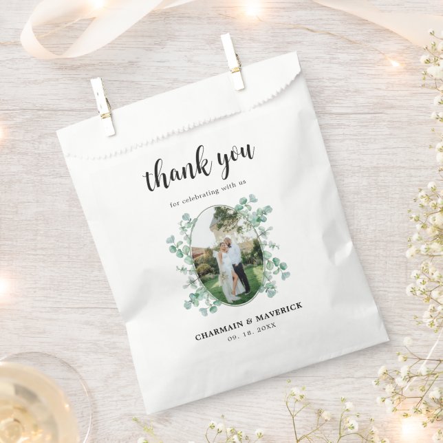 Elegant Eucalyptus leaf Photo Wedding Thank You Favour Bags (Clipped)