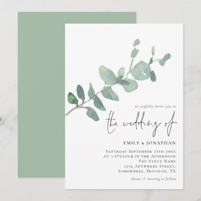 Elegant Eucalyptus Leave Script Wedding Invitation (Front/Back)